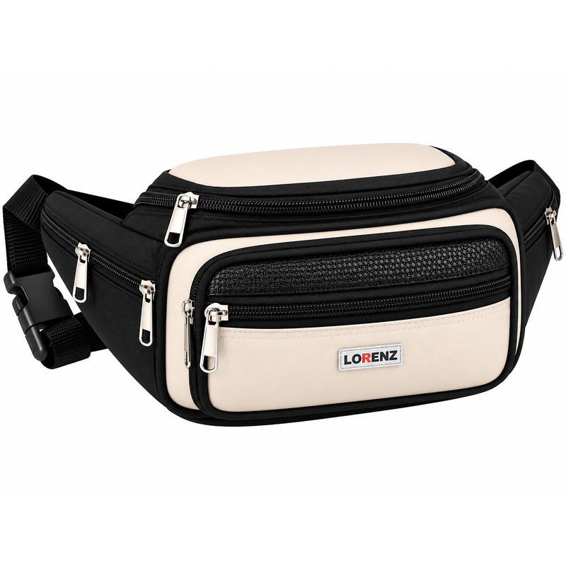 8046 Black/Beige Mulit Zip Bumbag-7 Zips & 2 Frnt Pouches (New)
